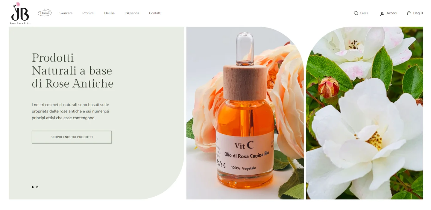 Homepage JB Rose CosmEthic — hero con producto, navegación y best sellers