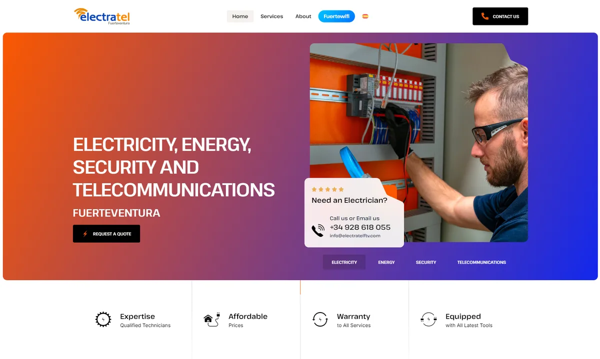 Home de Electratel: electricidad, energía, seguridad y telecomunicaciones en Fuerteventura