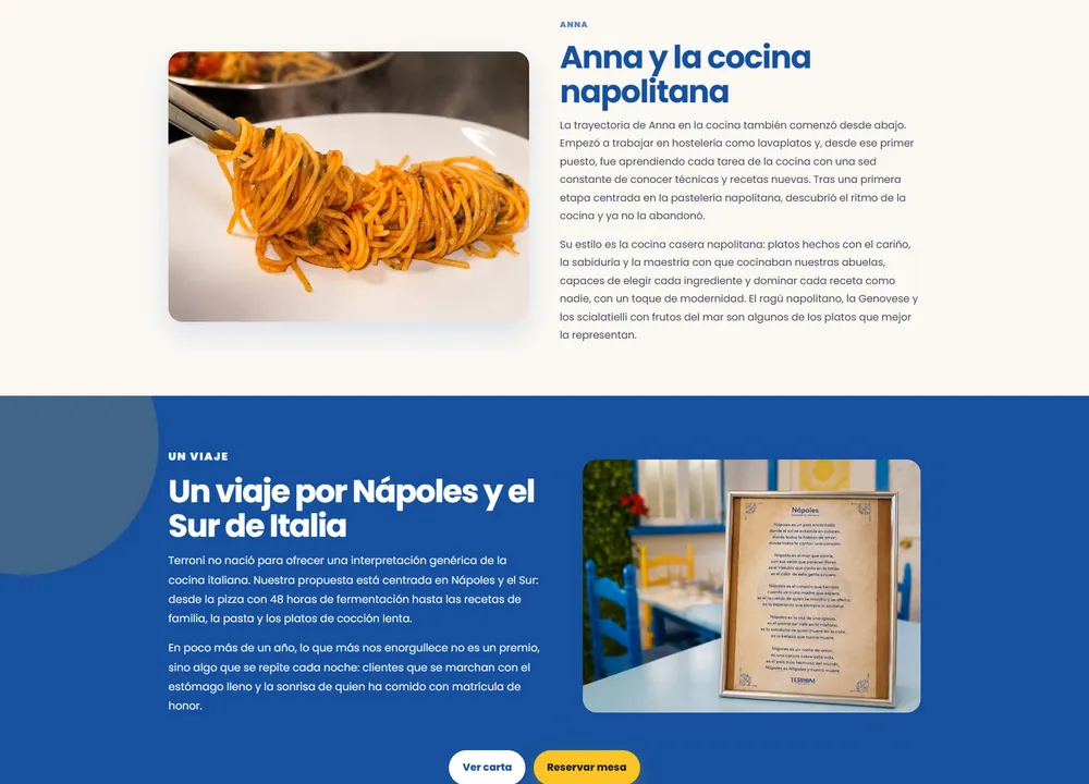 Página «Nosotros» de Terroni: la historia de Anna y un viaje por Nápoles y el Sur de Italia